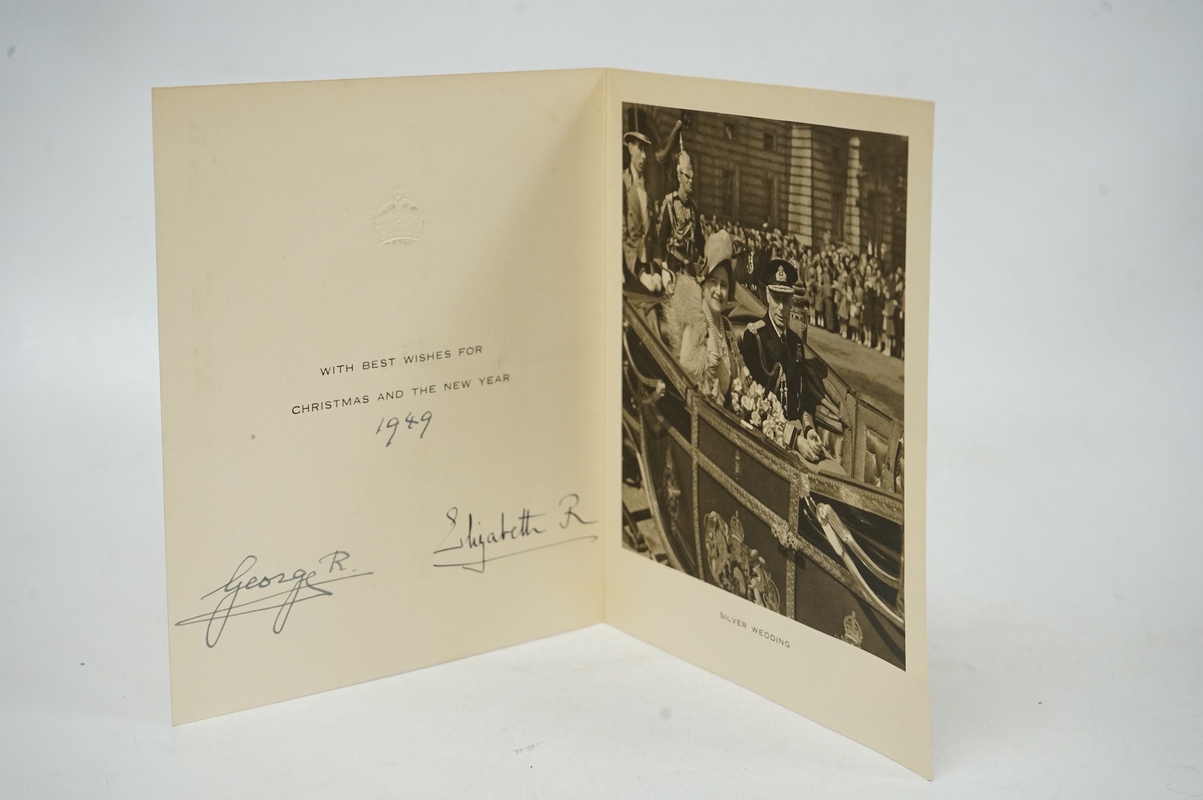 Three Royal Christmas cards from HM King George VI and Queen Elizabeth for 1948, 1949 and 1950, published by Raphael Tuck and Sons Ltd. with gilt embossed crowns on the front, inside; ‘with best wishes for Christmas and